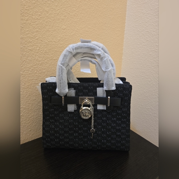 Michael Kors Small Hamilton  Logo Embossed Washed Denim Satchel - Picture 5 of 14